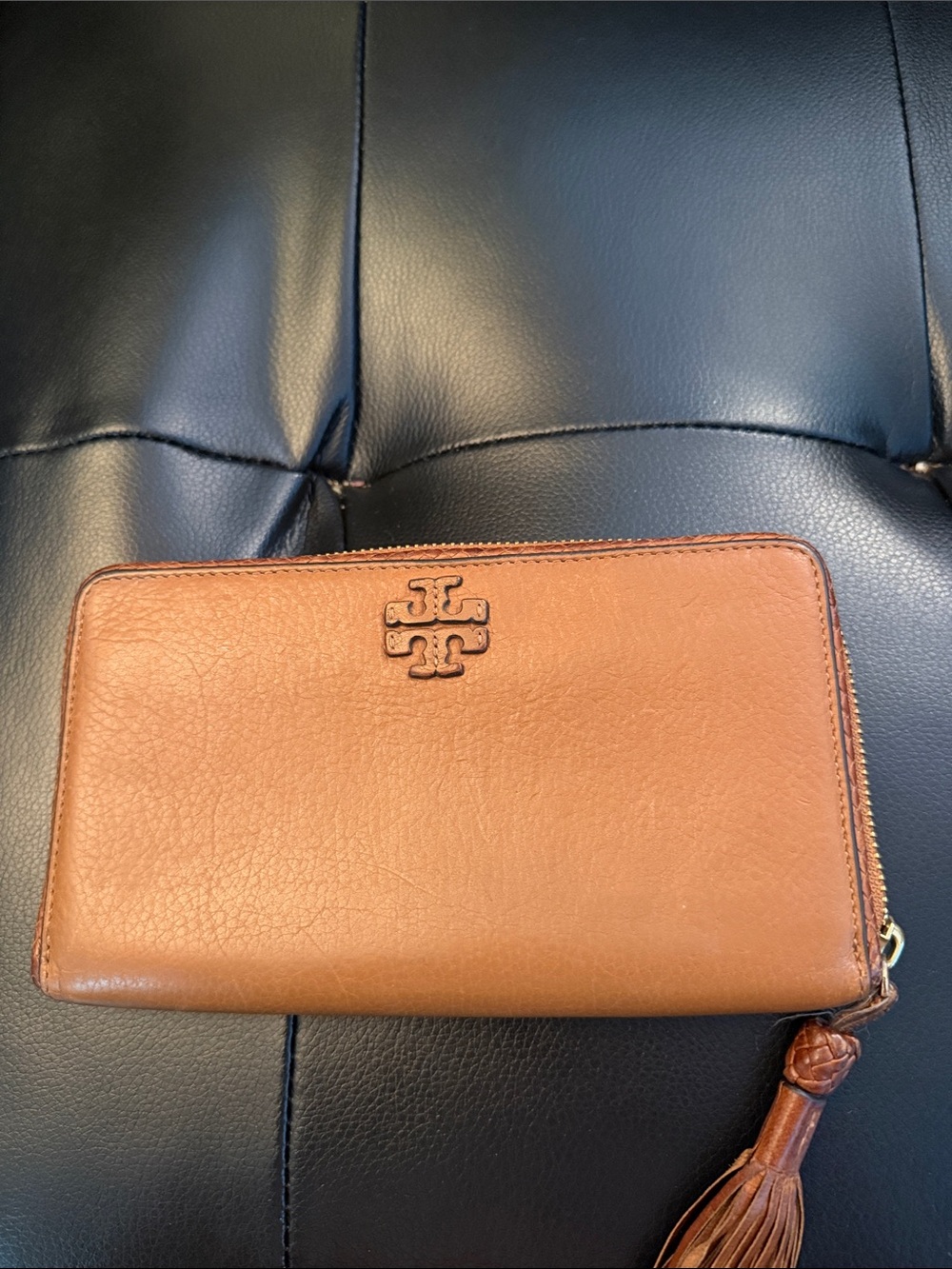 Tory Burch Brown Leather Zip-Around Wallet with Tassel